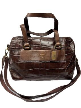 NWT Fossil Bag Dark Brown Croc-Embossed Leather Satchel with Shoulder Strap